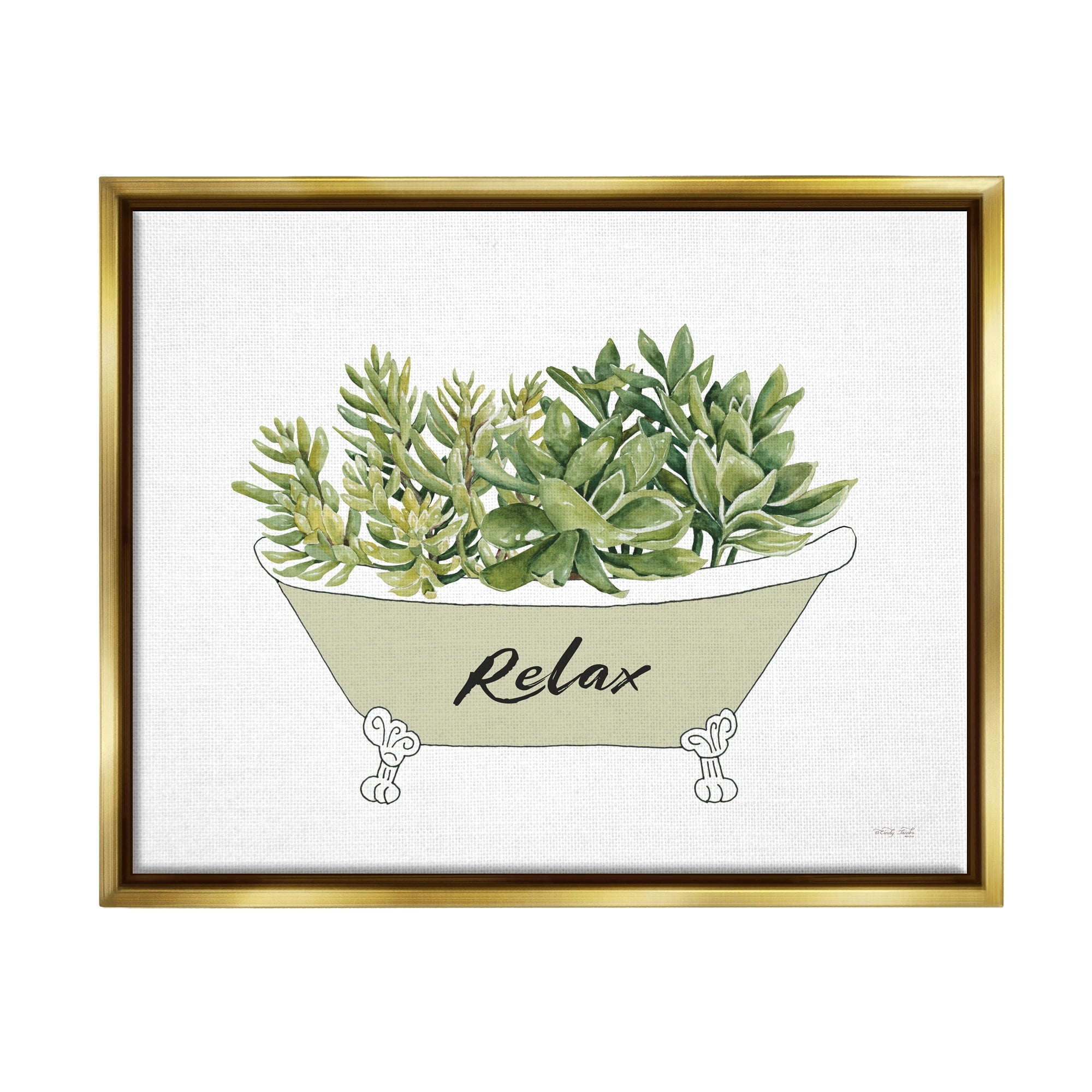 Stupell Industries Claw Foot Bathtub Succulent Plants Relax Typography Graphic Art Metallic Gold Floating Framed Canvas Print Wall Art, Design by Cindy Jacobs