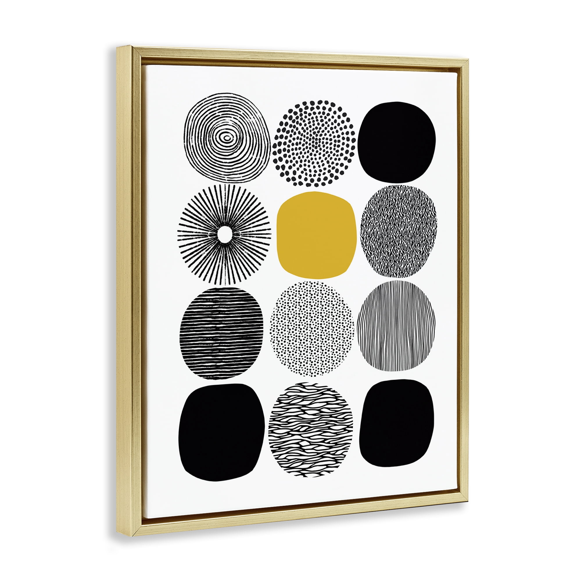 Stupell Industries Patterned Circles Yellow Accent Abstract Painting Gold Floater Framed Canvas Art Print Wall Art, 17 x 21