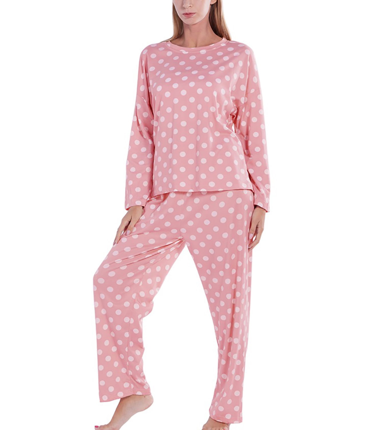 WBQ Women's Pajamas Sets Long Sleeve Top + Elasticwaist Pant Twopiece Set Soft Sleepwear Polka