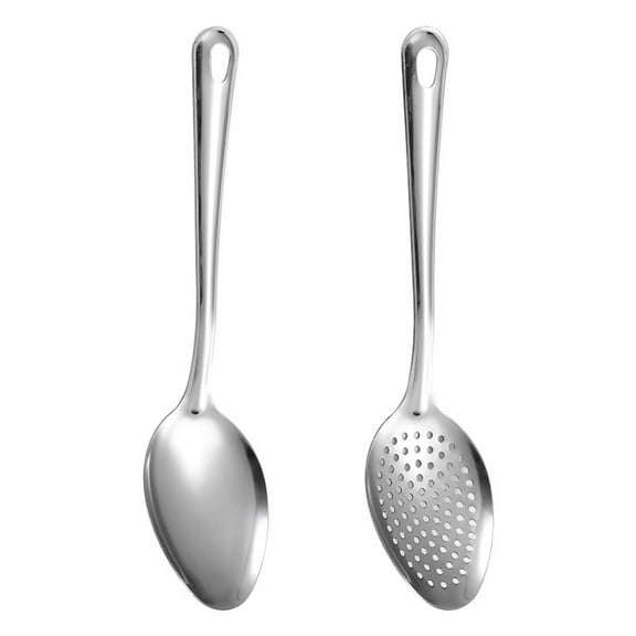 2Pcs Long Handle Slotted Spoon Set Stainless Steel Serving Spoons 10" Solid Spoon & Slotted Spoon Rust-Proof Kitchen Buffet Supply