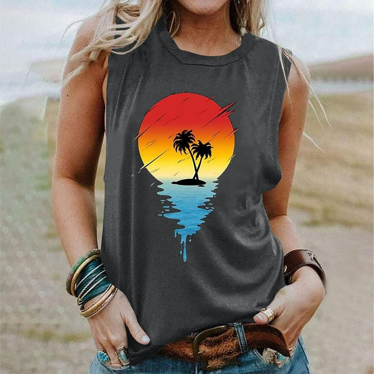 Yourumao Women Clearance Tops Sun Print Vest for Teen Girl Summer Fall  Sleeveless Crewneck Beach Hawaiian Cami Tank Tropical Tops Vest Womens 2023