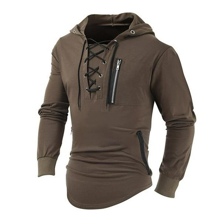 Hoodies For Men 2025 Spring Solid Color Lace Up Zipper Pocket