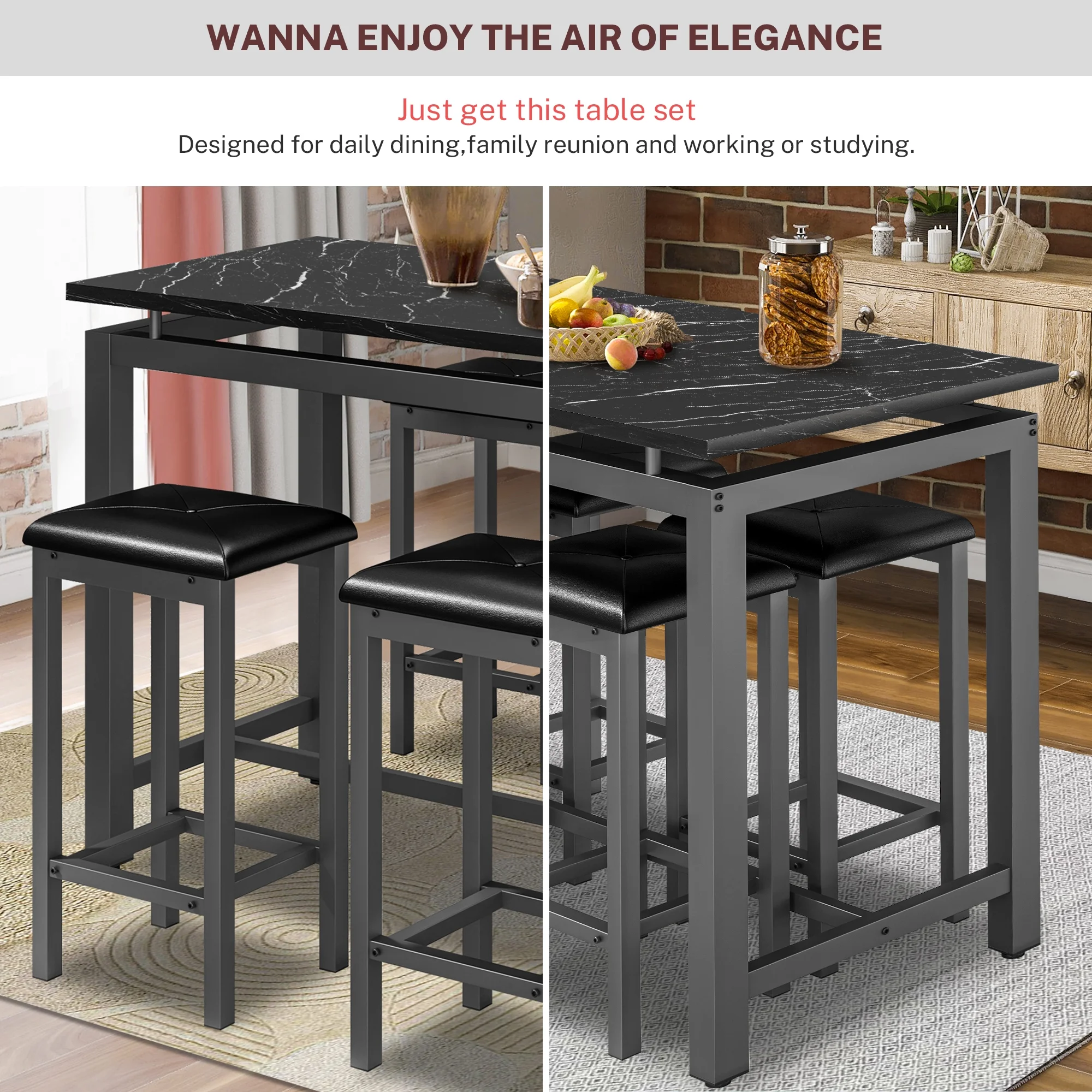 5-Piece Counter Height Bar Table Set, Modern Dining Table Set, Long Pub Table and 4 Stools, 4-Person Dining Table and Stools Set, Kitchen Side Table Set for Breakfast, Brown, D6412