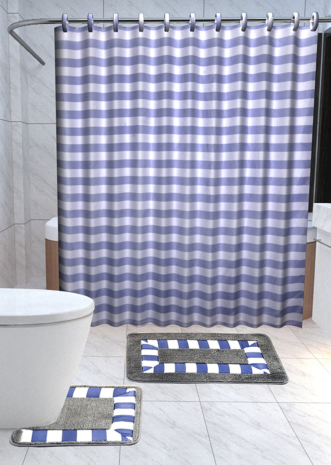 Striped3 15-Pc Bathroom Accessories Set Rugs Shower Curtain Bath Purple & White 