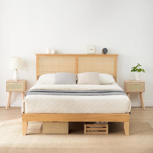 Tamaño completo-size bohemian platform marco de cama con rattan almacenamiento cabecero, adjustable LED lights, de madera support legs, no necesita colchón base, noise-free, easy to assemble
