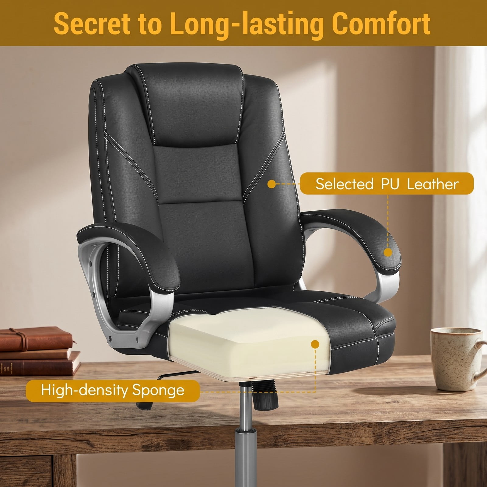Furnibear Ergonomic Leather Office Chair, High Back PU Leather Executive Desk Chair with Padded Armrests, Adjustable Height, 360-Degree Swivel and Rocking, Black