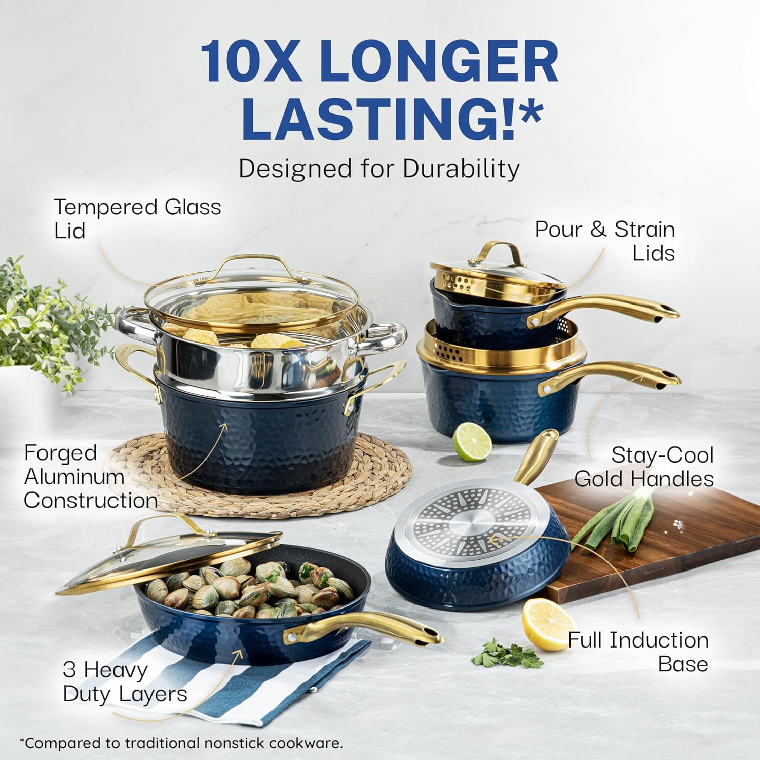 10 Inch Non Stick Frying Pan, Induction Compatible, Ceramic Coated, Dishwasher Safe, Navy Blue