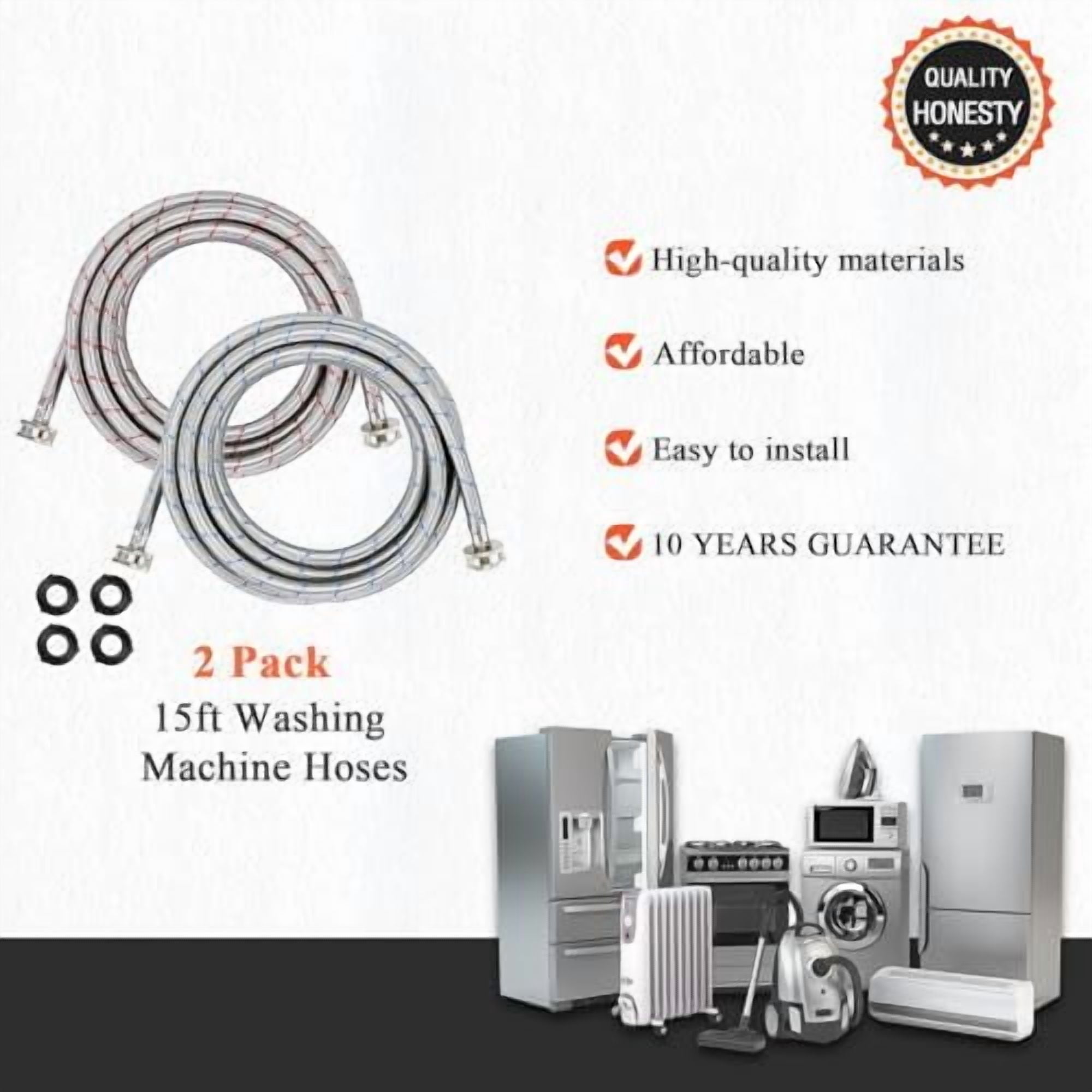 15ft LONG Washing Machine Hoses UPGRADE by- Braided Stainless Steel Washer Hoses - Hot and Cold Water Lines 3/4'' Standard Interface -Burst Proof Leak Free Hose (2 Pack) - 10 YEARS GUARANTEE$$