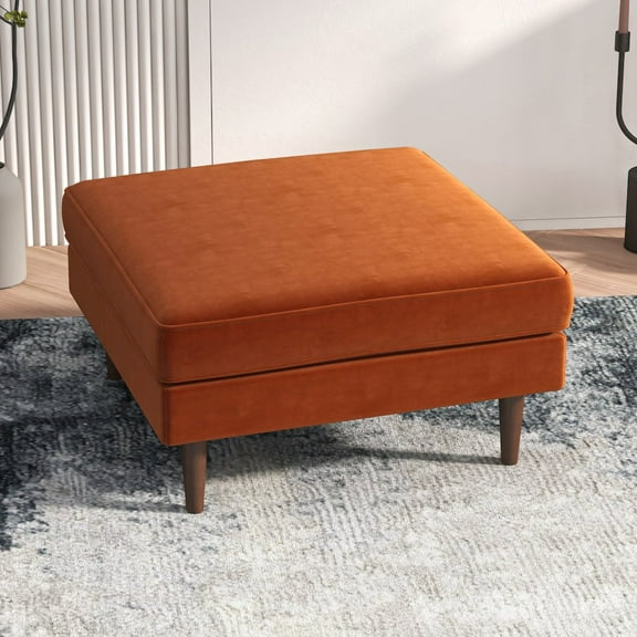 Hudson Mid-Century Square Velvet Upholstered Ottoman in Orange