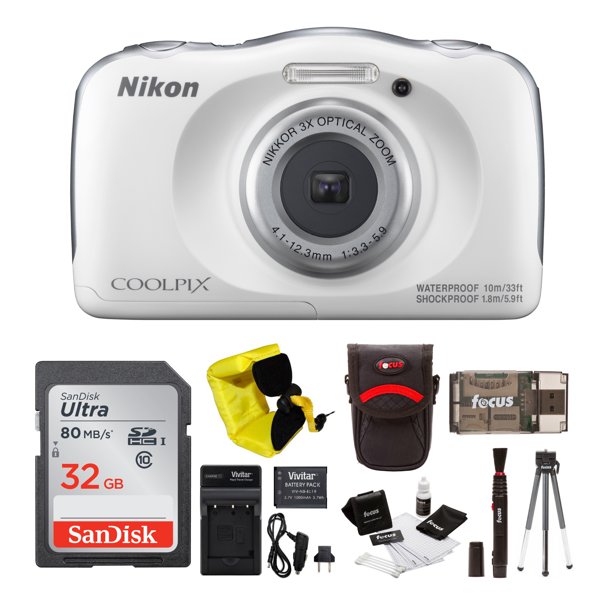 Nikon COOLPIX W100 Waterproof Digital Camera (White) with 32GB Accessory Bundle