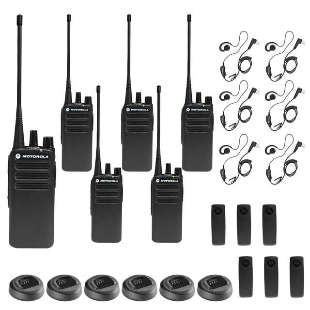 x Radio bidireccional portátil sin pantalla UHF analógica Motorola CP100D, 16 canales, 4 vatios (403-480 MHz) 6 x Auricular PTT Motorola HKLN4604 - Paquete de 6 con paquete de micrófonos