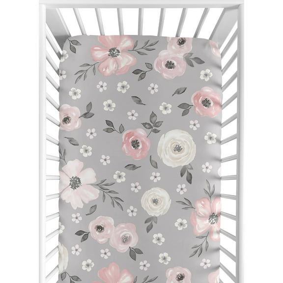 Sweet Jojo Designs Watercolor Floral Grey and Pink Fitted Crib Sheet