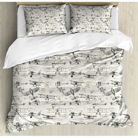 Fashion Duvet Covers (Airplane Queen Size Duvet Cover Set, Old Fashioned Military Air Force Collection Hand Drawn Style Vintage Warbirds, Decorative 3 Piece Bedding Set with 2 Pillow Shams, Beige Black, by)