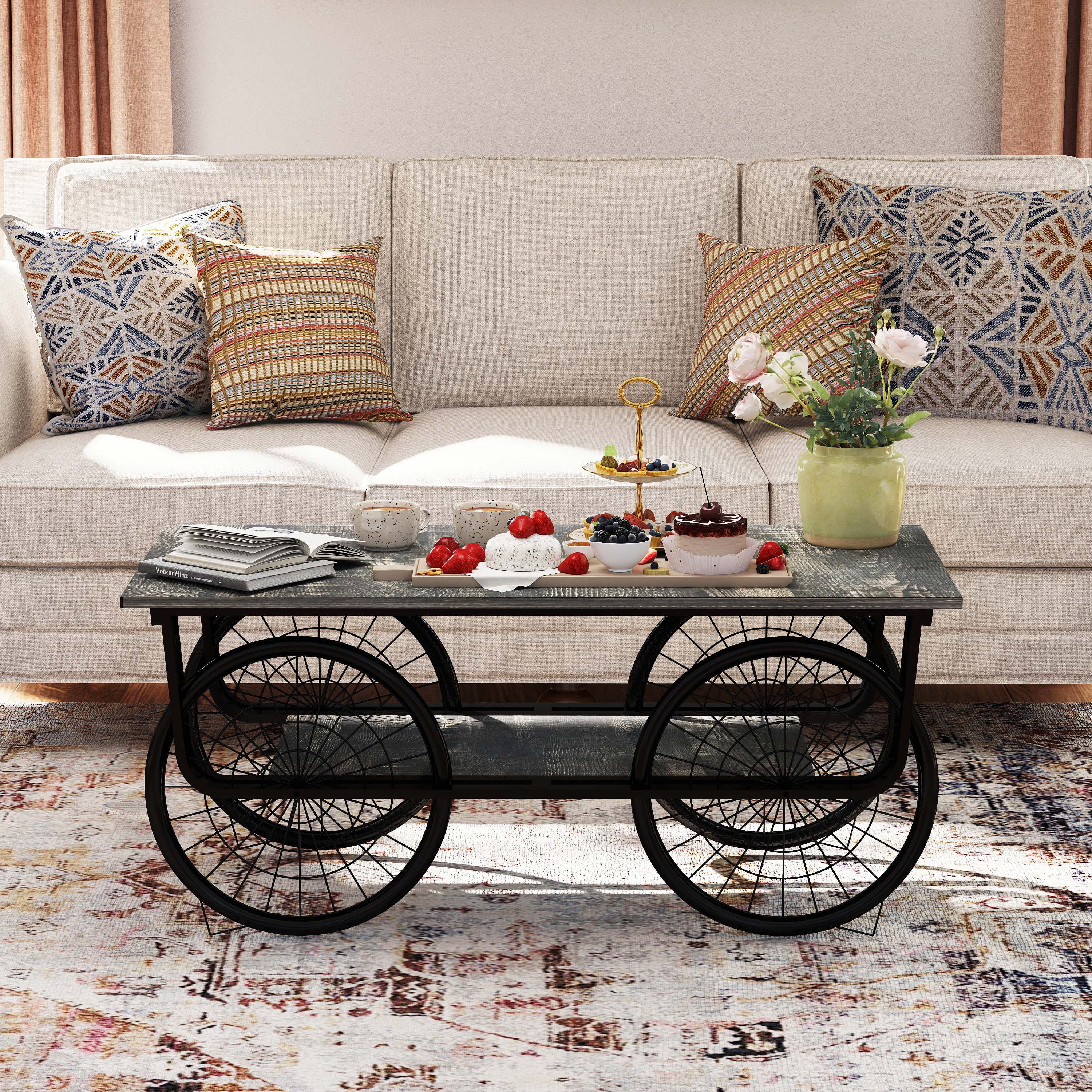 JRHRXXY Vintage Coffee Table with Decorative Wheels,2-Tier Center