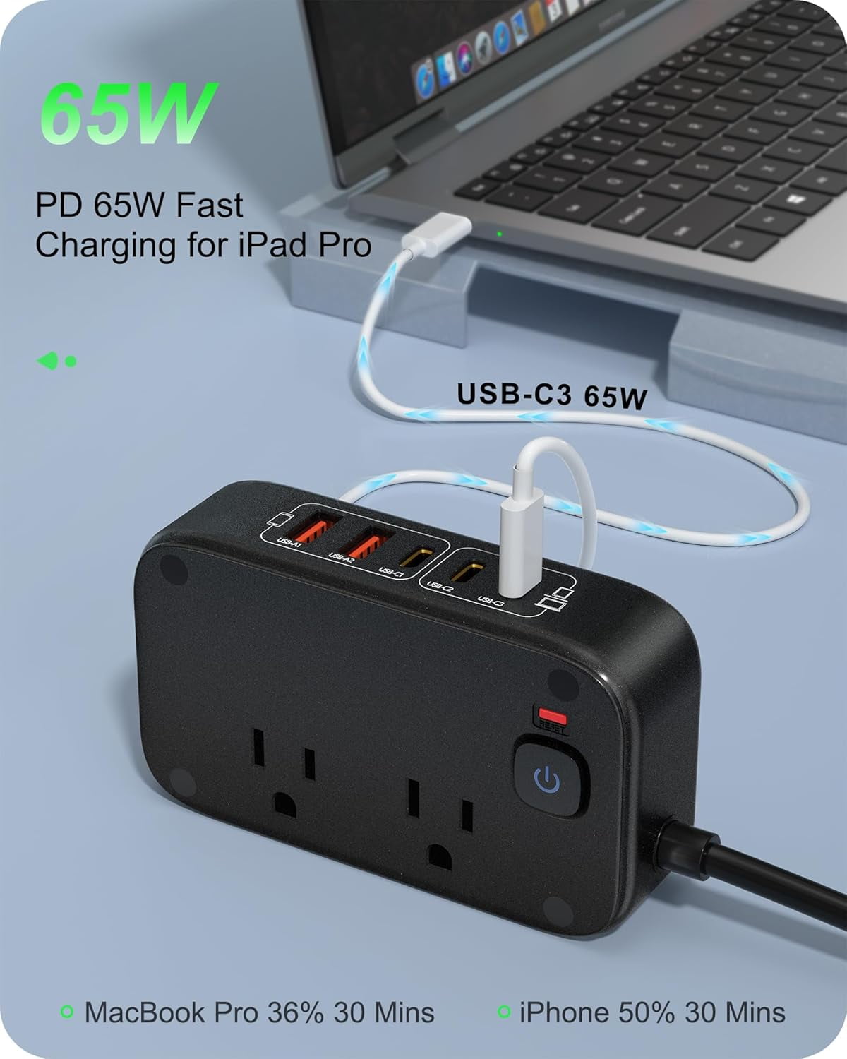 Power Strip with USB Ports, 65W USB C Fast Charging Station, 6FT Flat Extension Cord, 2 AC Outlets, 2 USB-A, 3 USB-C Ports for Multiple Devices (Black)