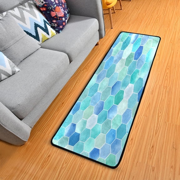 Blue and Teal Honeybomb Long Floor Mat Runner Rug Area Rug Carpet Water Absorbent Non-Slip 72" x 24"