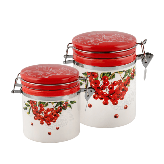 STP GOODS Red Viburnum Ceramic Storage Jar with Lid 16.9 fl oz (500 ml) and 25 fl oz (750 ml) Food Storage Containers for Food Sugar Spice Organizer Jars, Red and White