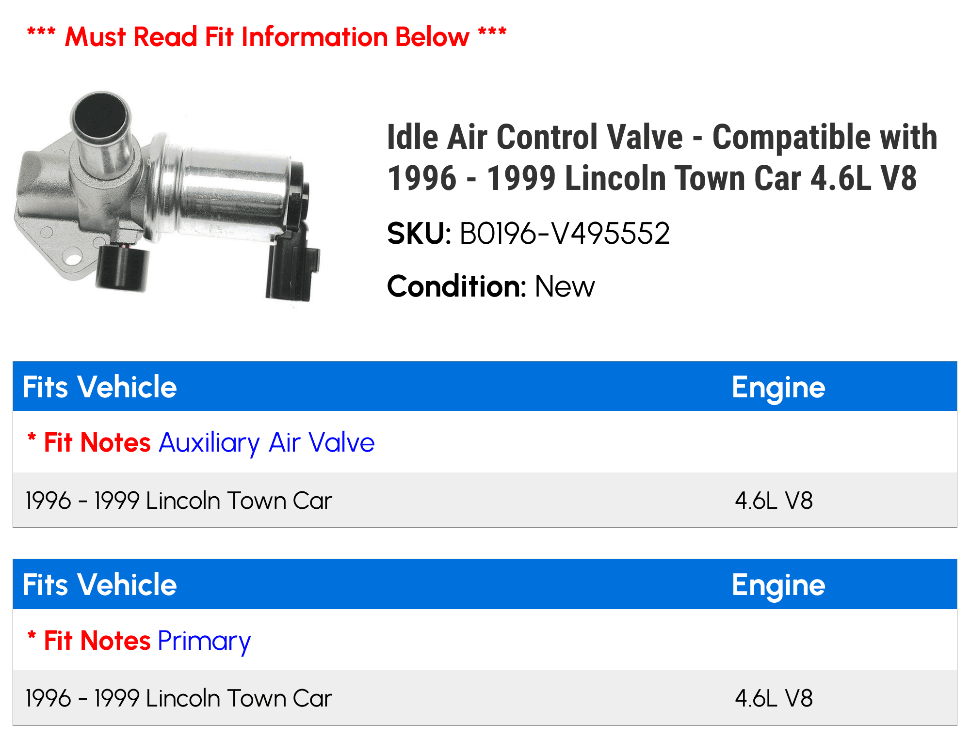 Idle Air Control Valve - Compatible with 1996 - 1999 Lincoln Town Car 4.6L V8 1997 1998
