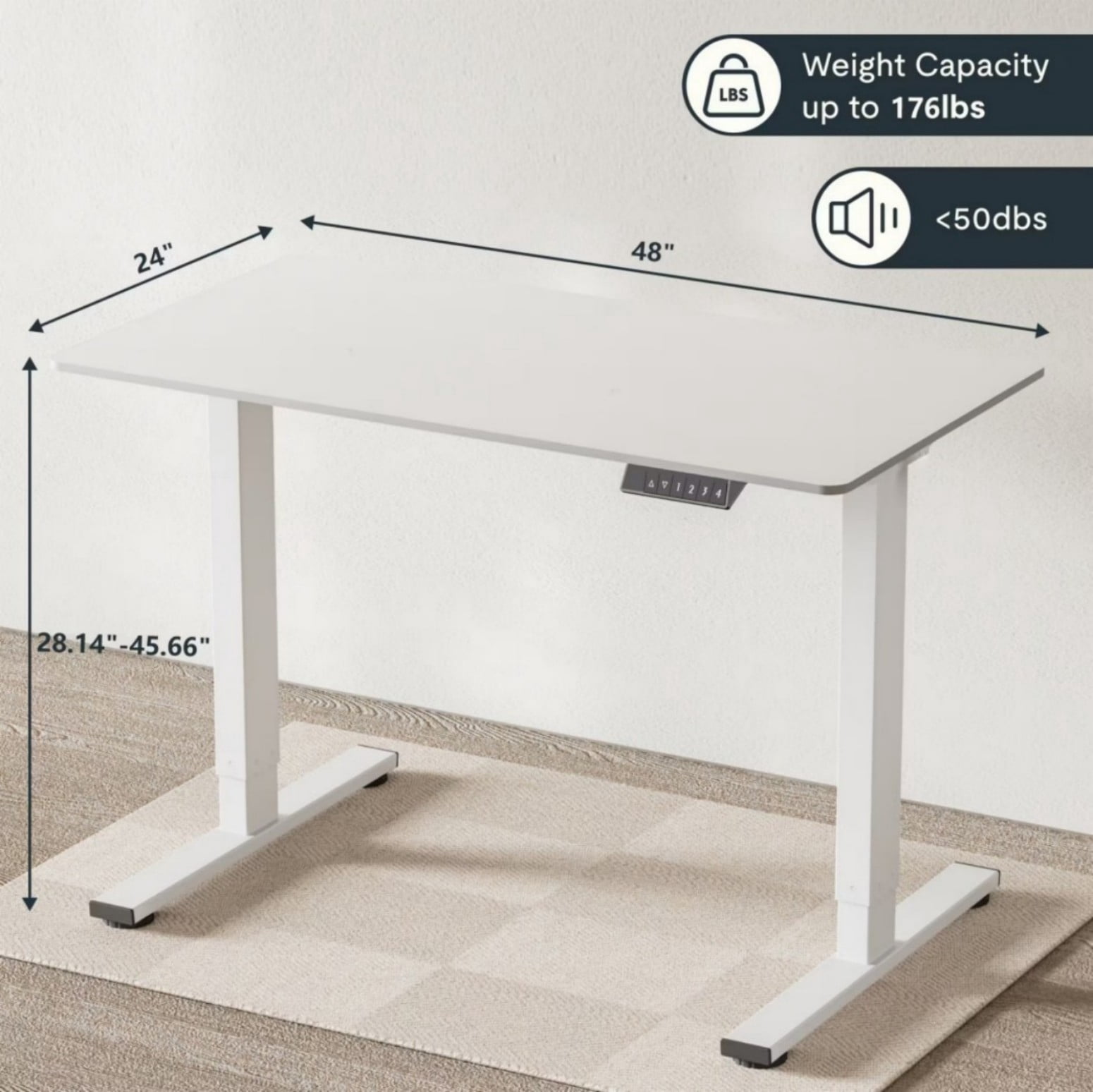 47" Electric Standing Desk, Height Adjustable Sit Stand Desk with One-Piece Desktop, Home Office Computer Workstation, White Frame & White Top