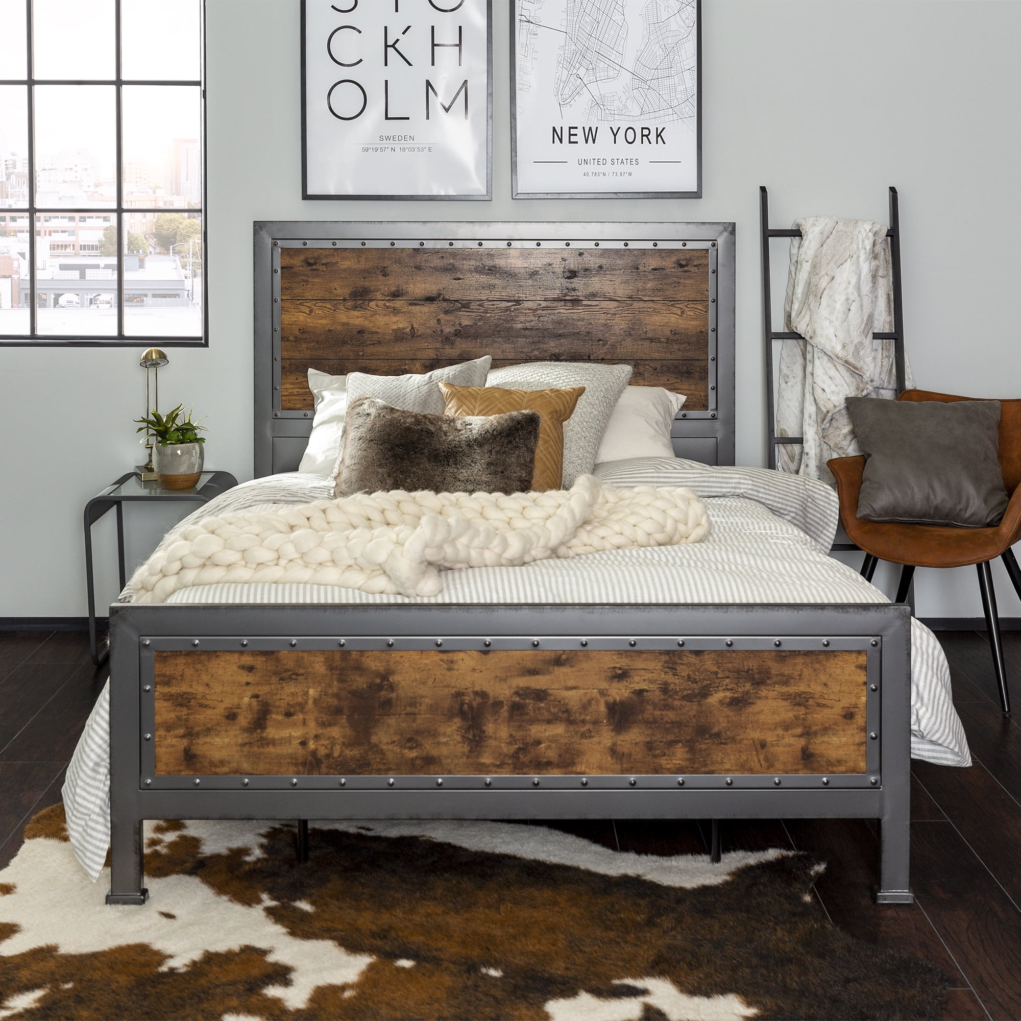 Santiago Riveted Plank Rustic Oak Queen Size Bed by Walker Edison