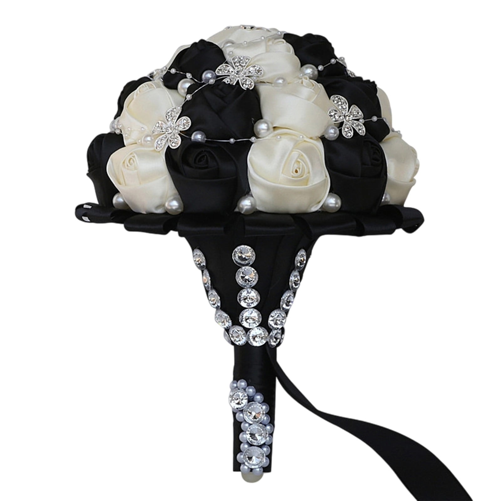 Royal Bridal Bouquet Handmade with Satin Roses & Pearls - Wedding Bouquet Holder for Bride and Bridesmaids, Rhinestone Wedding Flower Arrangements in Ivory White