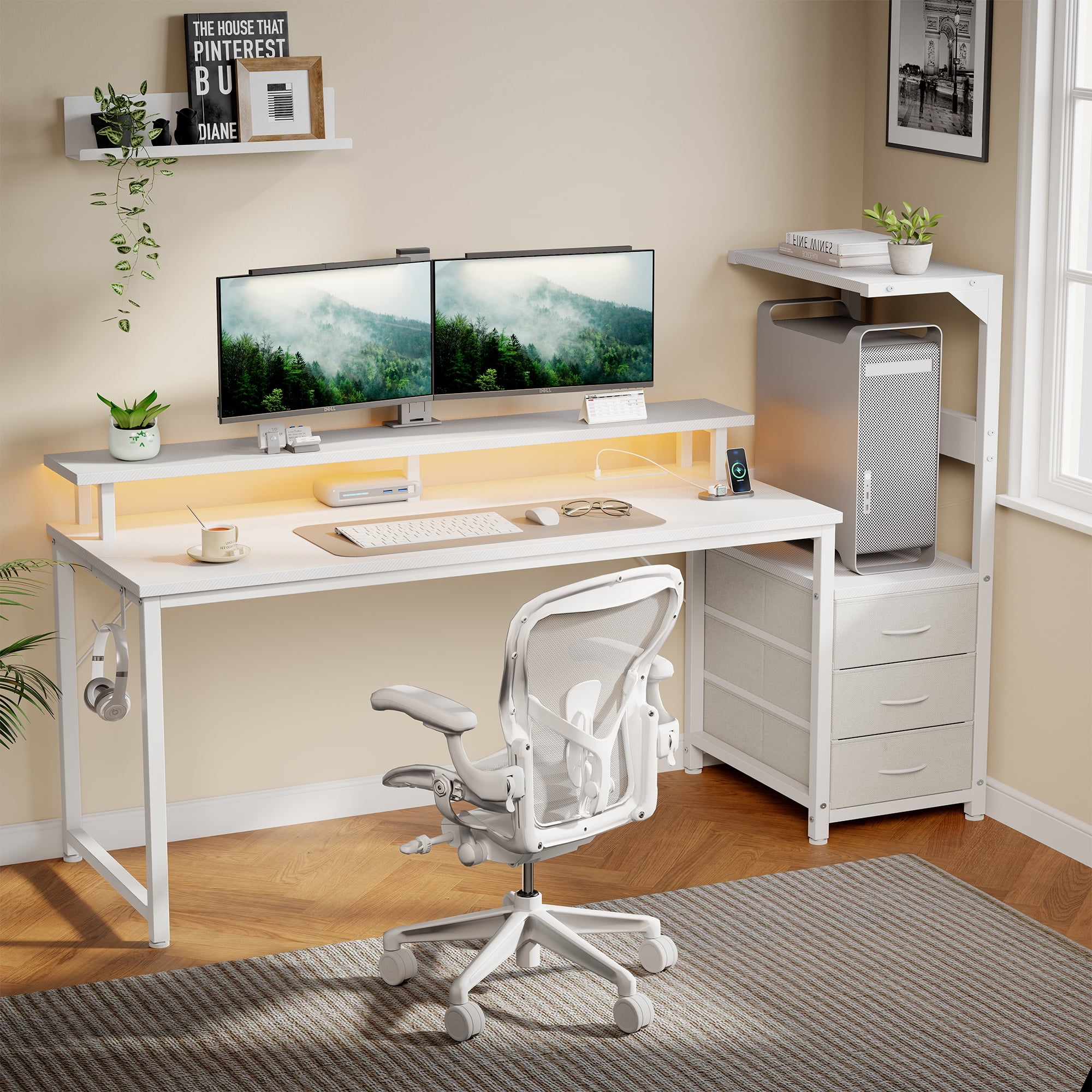 CONCETTTA Gaming Desk, 59 Inches, With Shelf Storage Drawers, White Computer Desk With Led Lights And Power Sockets, Office Wooden Desk With Pc Stand And Cable Management
