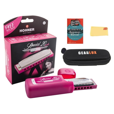 Hohner Special 20 Pink Harmonica - Key of C Bundle with Zip Case, Instructional Manual, and Austin Bazaar Polishing Cloth