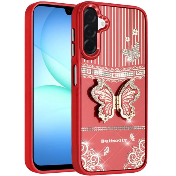 For Samsung Galaxy A17 5G Glitter Butterfly Case with 3D Stand Sparkle Hybrid Metallic Edges Protective Phone Cover Slim Fit [Black]
