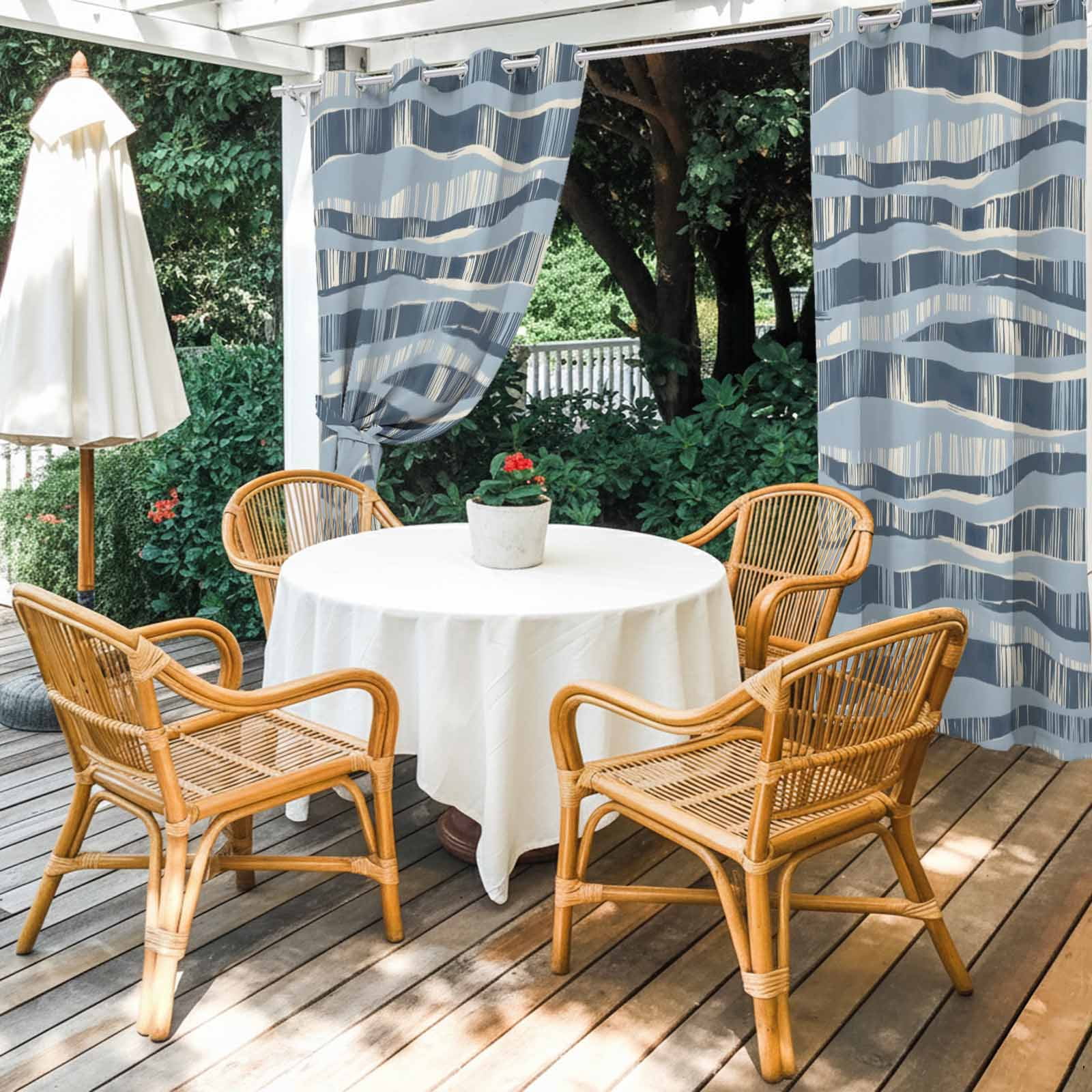 Blue Waves Outdoor Curtains for Patio, Coastal Abstract Indigo Curvy Lines Sunshade Privacy Drapes Grommet Waterproof Outside Curtains for Porch/Cabana/Balcony 54"x 108", 1 Panel