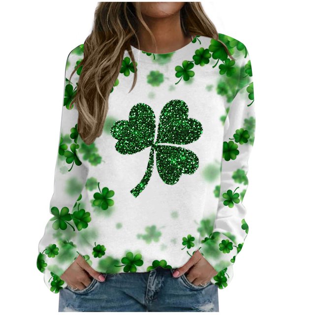 Plebaso Chandail en Molleton de la Saint-Patrick pour Femmes Imprimé Trèfle Col Rond Manches Longues Chandail P-5TG