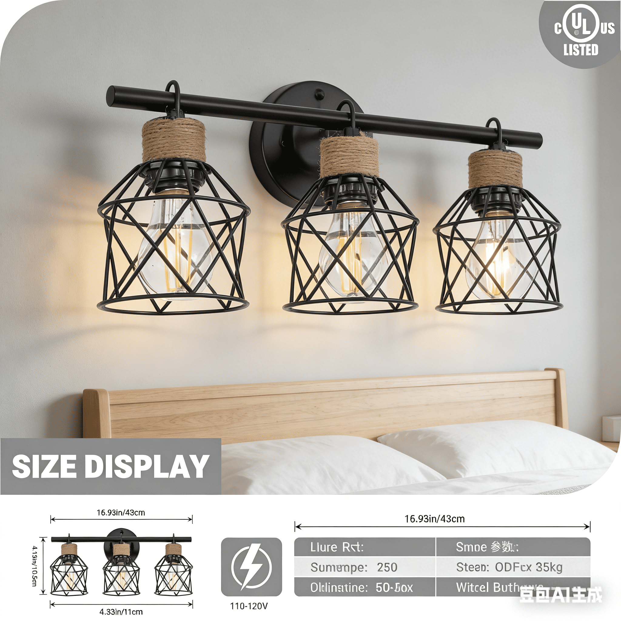 3-Light Bathroom Light Fixture Over Mirror Matte Black Farmhouse Vanity Light for Bathroom Rope Wrapped Rustic Industrial Vanity Lighting Fixture with Metal Lampshade for Hallway Porch