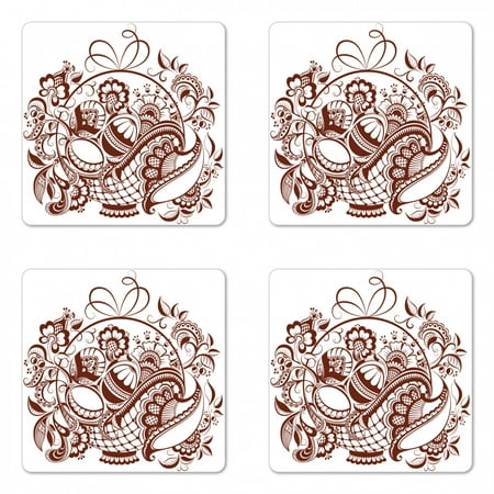 

Ethnic Coaster Set of 4 Classic Blossom Swirls with Middle Eastern Bohemian Influences Pattern Square Hardboard Gloss Coasters Standard Size Brown and White by Ambesonne