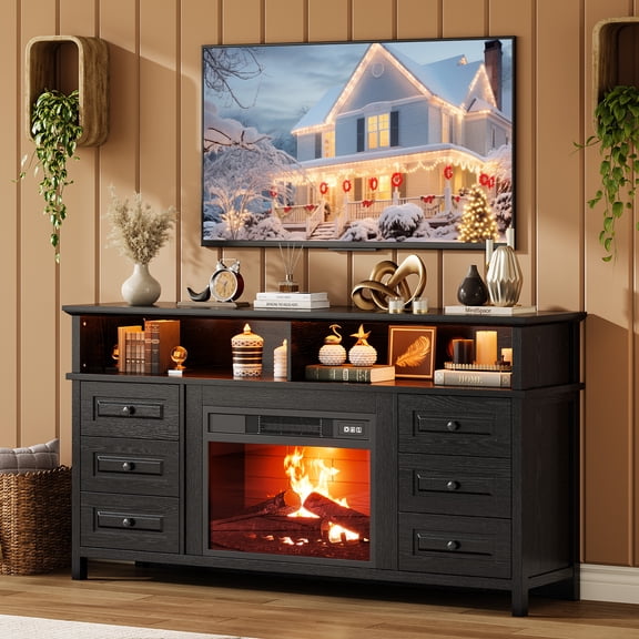 60" TV Stand with Fireplace, for TVs Up to 65", Electric Fireplace Entertainment Center with LED Lights, Media Console with Drawers & Storage Cabinet, Black