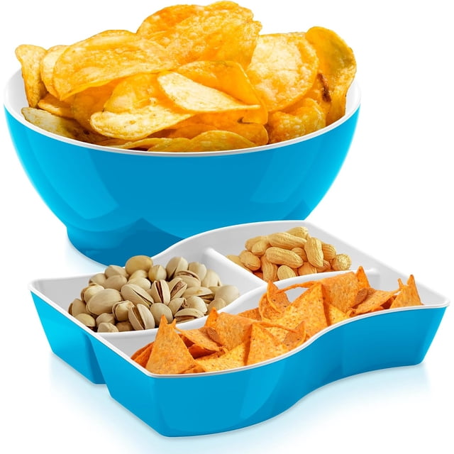 Set Ensaladera y Botanero 2 en 1 Resistente | Organizador de Botanas con Compartimentos | Ideal para Fiestas, Cocina, Picnics y Snacks en Casa | Práctico, Ligero y Duradero (Azul)