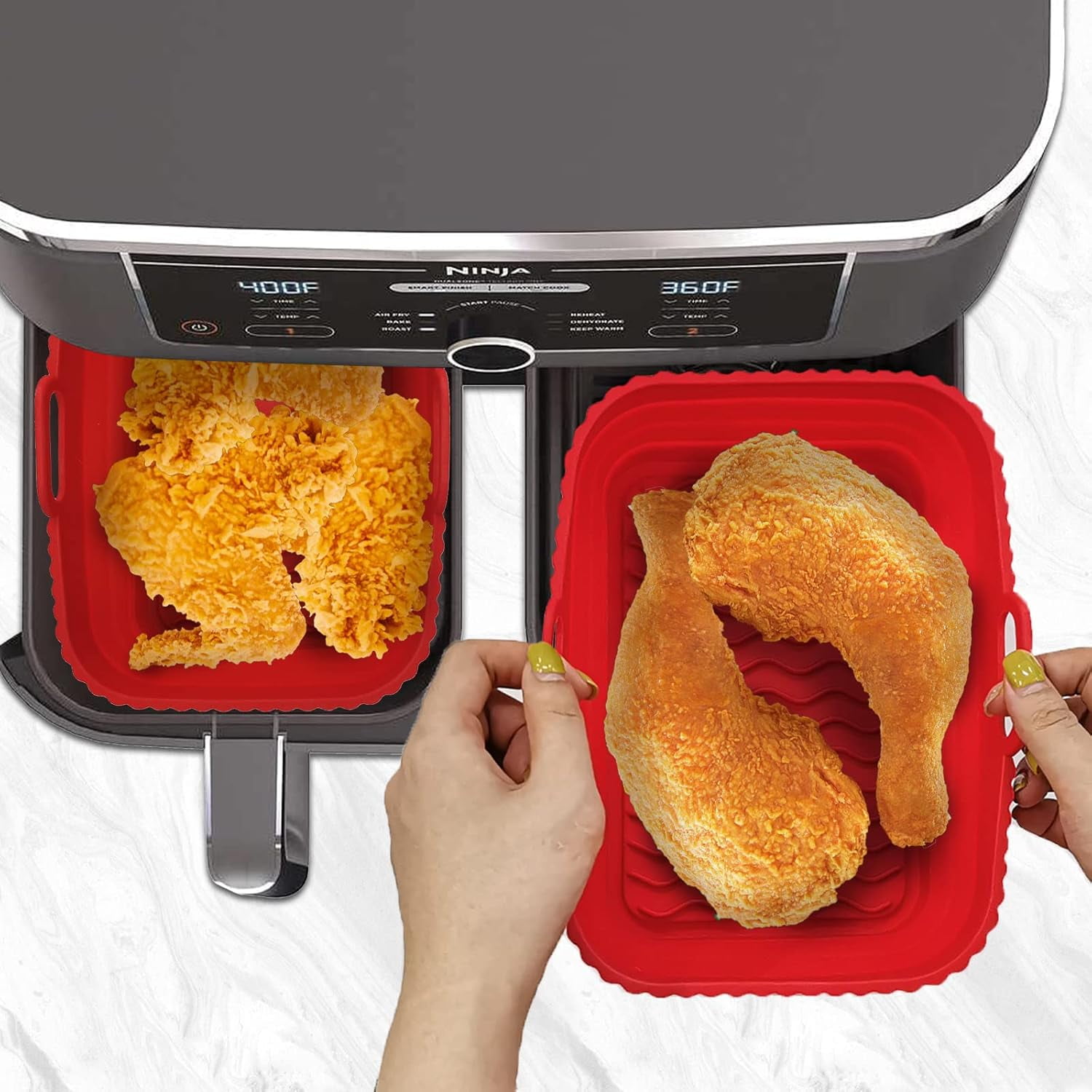 JJEAN-2 Pack Foldable Air Fryer Liners for Air Fryer Dual with 1Pack Oil Sprayer Dispenser, Air Fryer Accessories Reusable Air Fryer Silicone Liner for Dual Air Fryer(Red)
