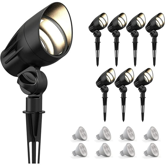 GOODSMANN 8 PK Low Voltage Spot Light Landscape Lighting 5W LED 2700K 400 Lumen for Outdoor Lighting with Metal Spike and Connector Garden, Pathway, and Driveway 9121-16101-08A