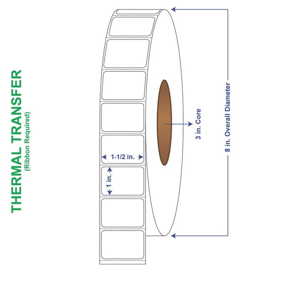 1-1/2" x 1" General Use Labels, w/ Perf Thermal Transfer Labels, Perforated, 5500 per roll (8 Rolls per Carton)