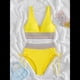 thumbnail image 3 of Bikini de Dos Piezas para Mujer, Cintura Alta, Cuello Halter, Traje de Baño Adelgazante, Amarillo, Talla M, 3 of 7