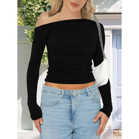 Knit Stretchy Comfy Asymmetrical Neck Long Sleeve Tops