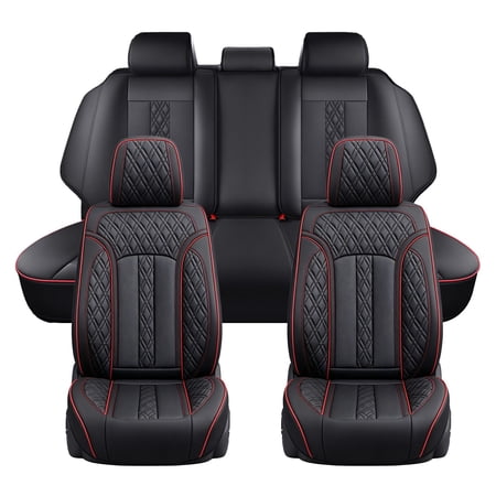 Fit for Nissan Versa 2023 Seat Cover Faux Leather Full Set of 5 Seats Retain Seatbelt Port Non-slip Black and Red Line Car Seat Covers Protect Car Seats