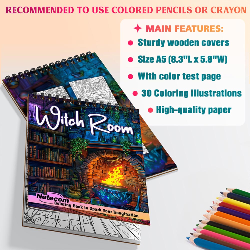 Netecom Witch Room Coloring Book for Adults, A5 Wooden Cover, 30 Magical Coloring Pages of Witchy Interiors Designs for Stress Relief and Relaxation, Spiral Bound Edition