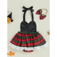 thumbnail image 5 of Michellecmm Newborn Baby Girl Halloween Outfit Infant Sleeveless Halterneck Patchwork Striped Romper Dress with Hairband, 5 of 9