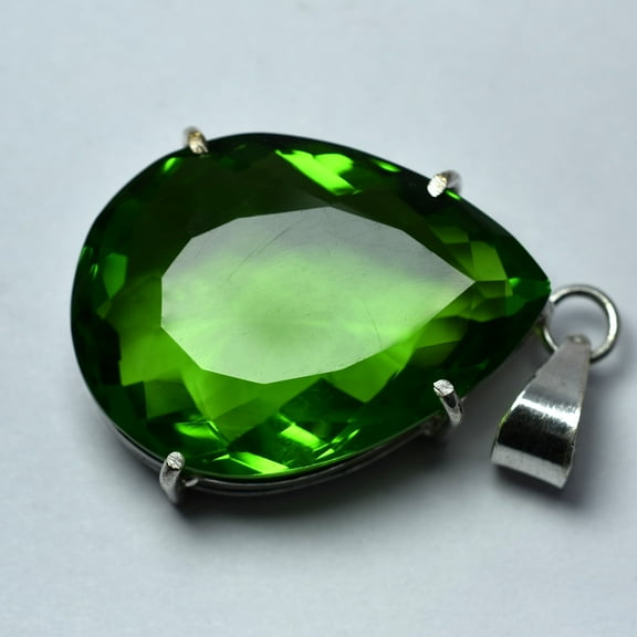Green Peridot 78 Carat Natural CERTIFIED 925 Sterling Silver Pendant Pear Cut