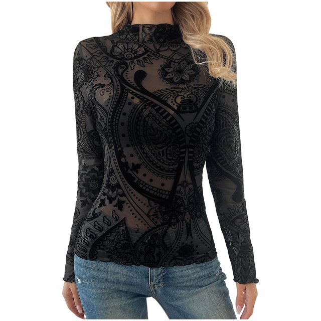 Blouse en Dentelle à Col Rond Manches Longues pour Femmes, Haut Décontracté avec Accents en Dentelle, Design Uni, Coupe Régulière, Tissu Léger et Doux