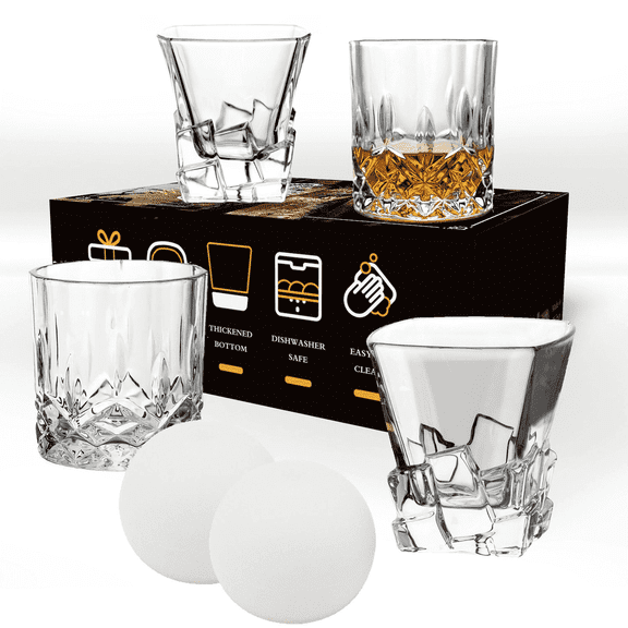 WhiteRhino Premium Glass Whiskey Glasses Set of 6 with Ice Ball Molds,11oz Old Fashioned Cocktails Scotch Glasses for Bar Drinkware,Clear