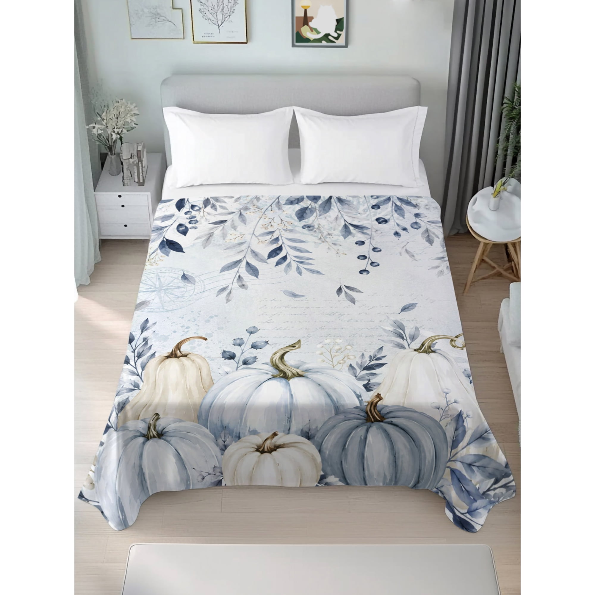 Twin Flat Sheet Only Blue Pumpkin Thanksgiving Fall Soft Microfiber Cooling Bedding Sheets Farm Leaves Seamless Flat Bed Sheet for Hotel Home Decor