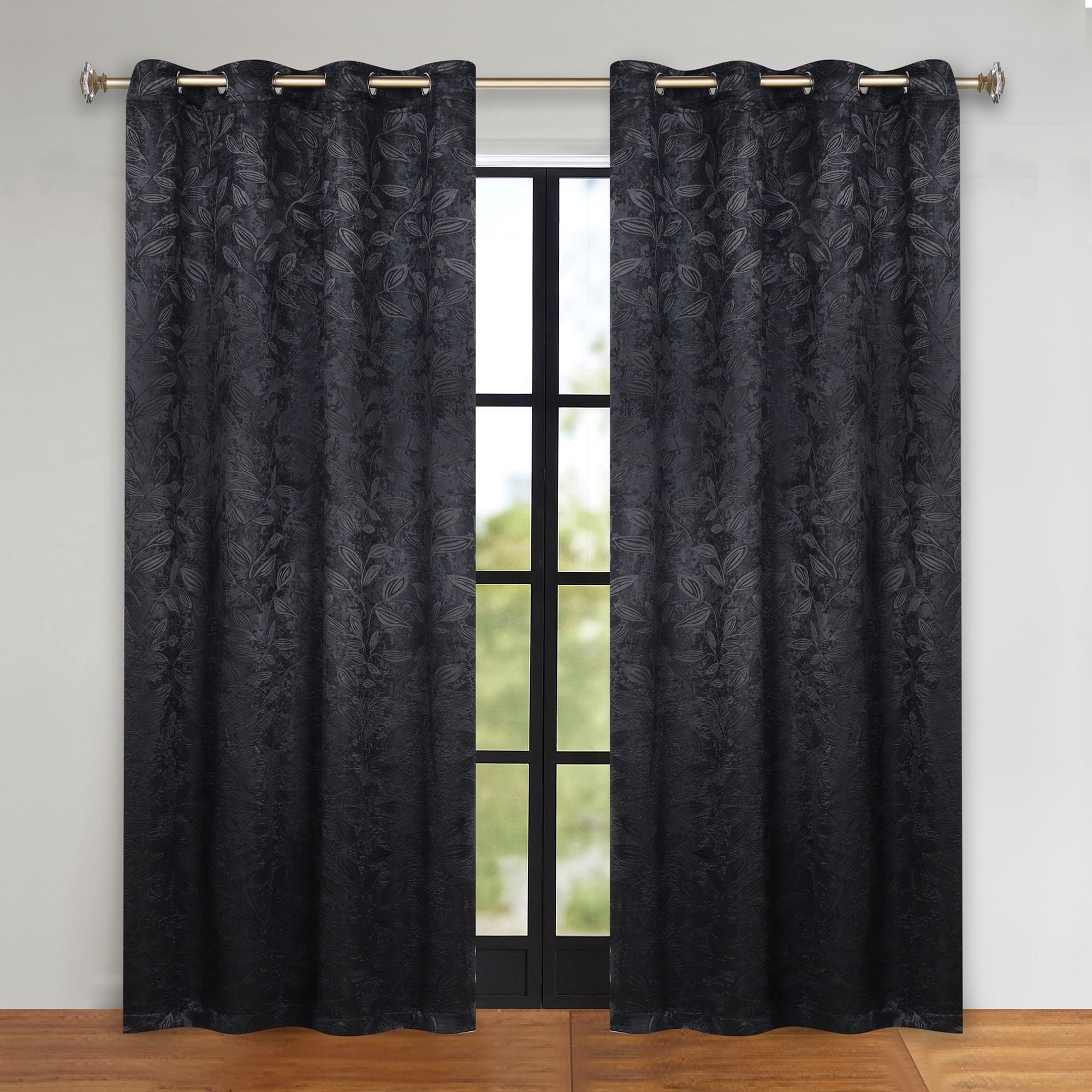 Superior Blackout Leaves Curtains Set of 2, Light Filtering Grommet Curtain Panel Set, Black, 52"W x 96"L