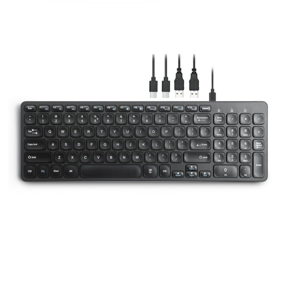 Perixx PERIBOARD-215B US, Wired Keyboard - Ultra Slim Scissor Keys - 2 Built-in USB-A & USB-C Ports - Detachable Cable - Black - US English