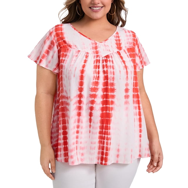 GRACE & GRANDEUR Camisetas de Talla Grande para Mujeres con Mangas Cortas con Volantes y Cuello en V, Blusas Plisadas 4X Naranja