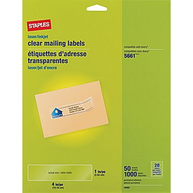 Staples Clear Inkjet/Laser Address Labels, 1" X 4-1/8", 1,000/Box